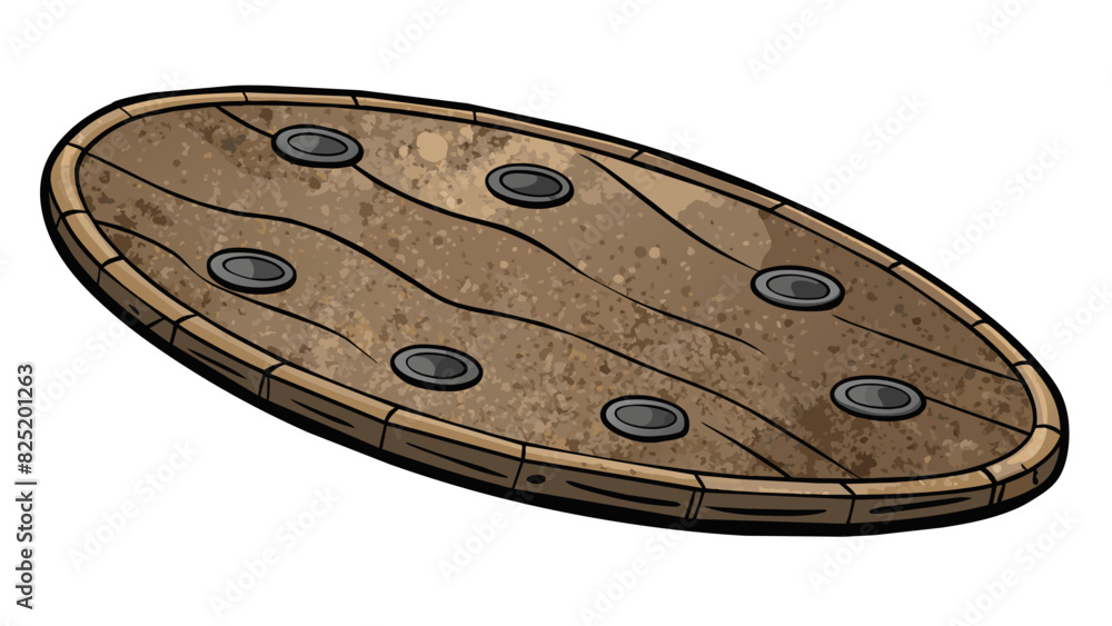 Poster An ovalshaped board made of darkcolored stone with a rough texture and irregular edges. It has carved patterns on the surface and small holes tered. Cartoon Vector.