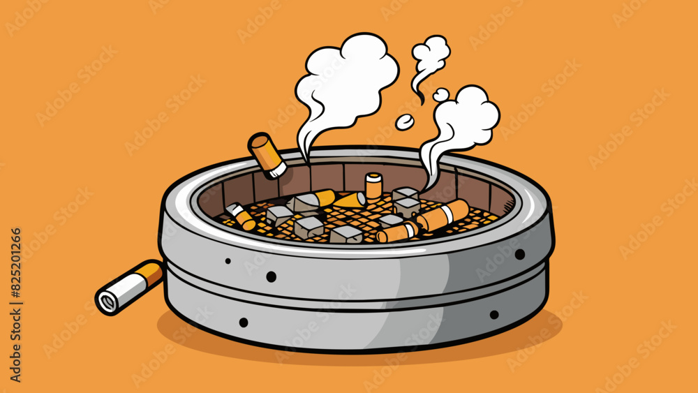 Poster an overflowing ashtray filled with burnt cigarette butts and pungent smoke. the ashtrays edges are b