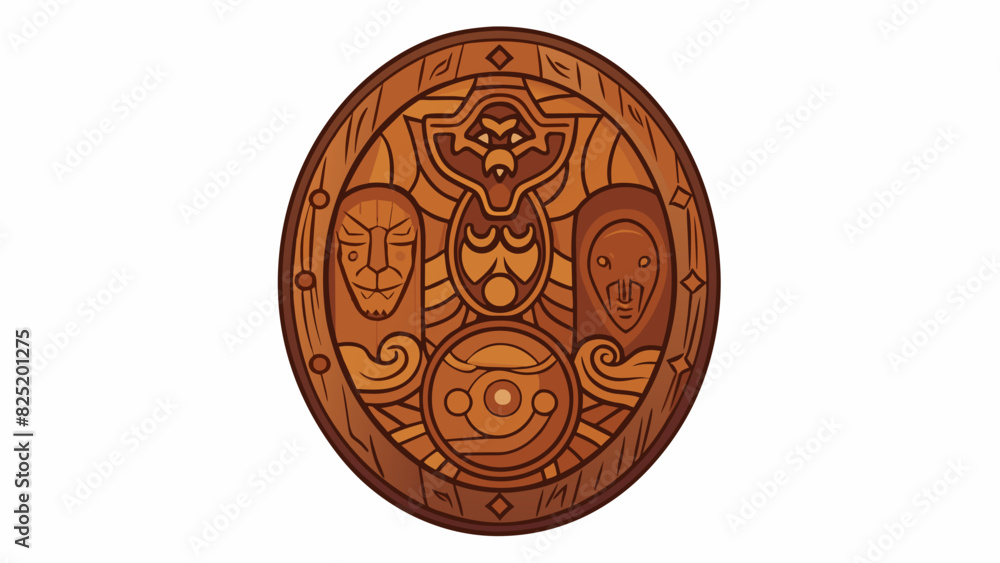 Poster an ovalshaped piece of wood about the size of a standard playing card with intricate carvings depict