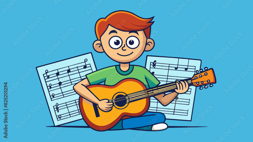 Poster a novice guitarist is sitting with their guitar eyes focused on the sheet music in front of them try