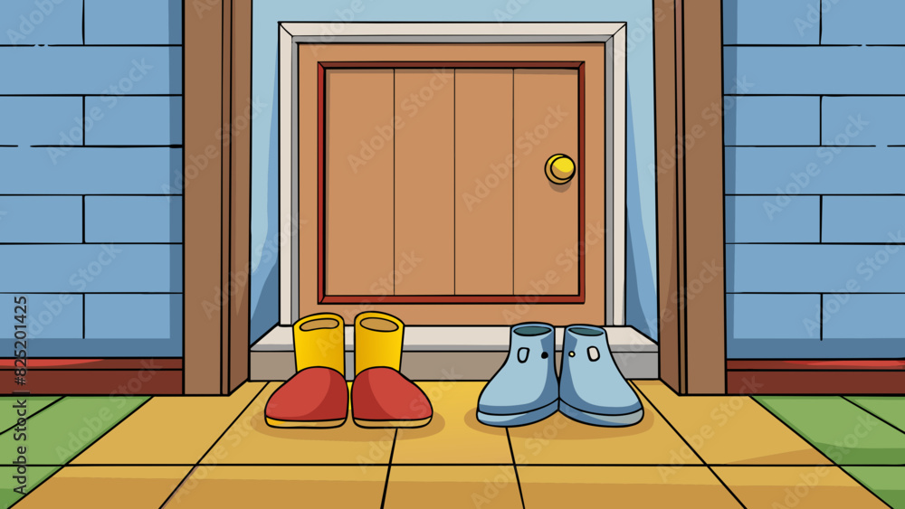 Poster A pair of empty shoes p neatly outside a front door representing the belief in the power of faith and inviting good fortune into ones home.. Cartoon Vector.