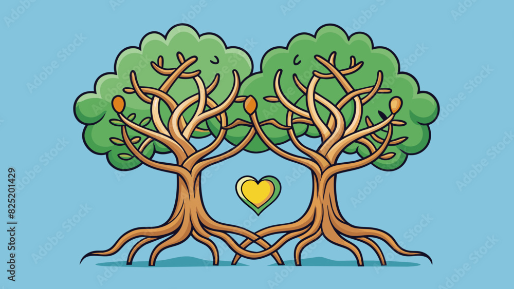 Aufkleber a pair of intertwined trees with their roots deeply intertwined and their branches reaching towards 