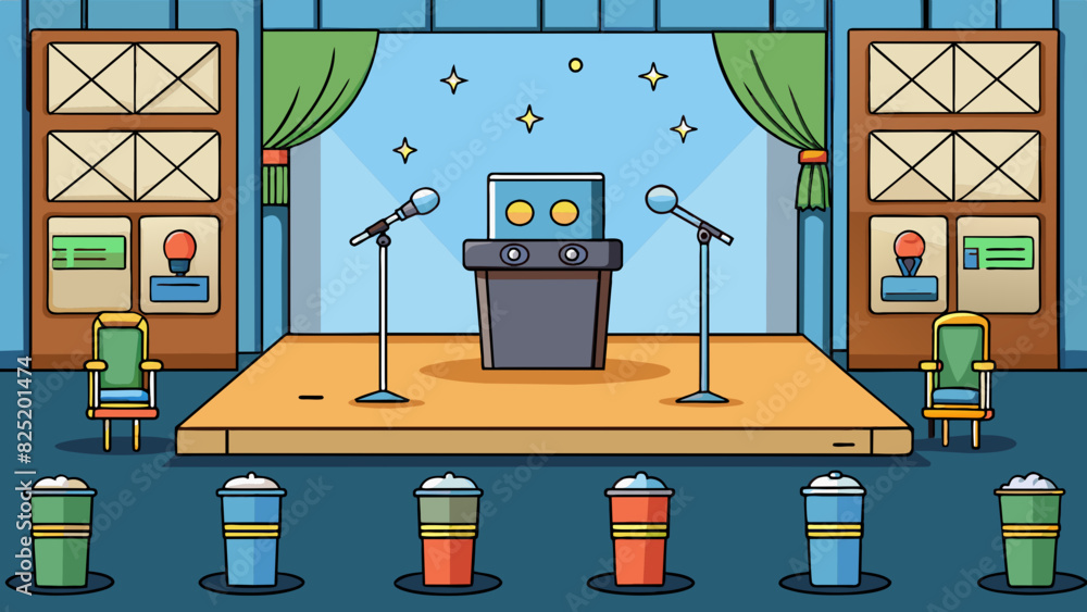 Poster a panel of speakers sitting on a stage each equipped with a microphone and a glass of water. the roo