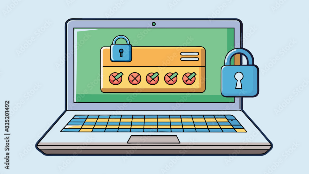 Poster A passwordprotected laptop with encryption software ensures that sensitive information cannot be accessed by unauthorized users.. Cartoon Vector.