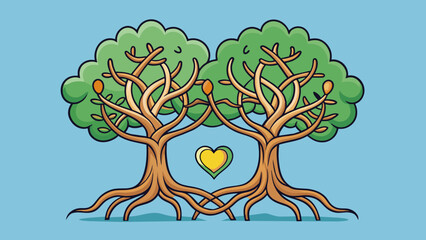 A pair of intertwined trees with their roots deeply intertwined and their branches reaching towards each other. Like the trees a marriage is rooted in. Cartoon Vector.