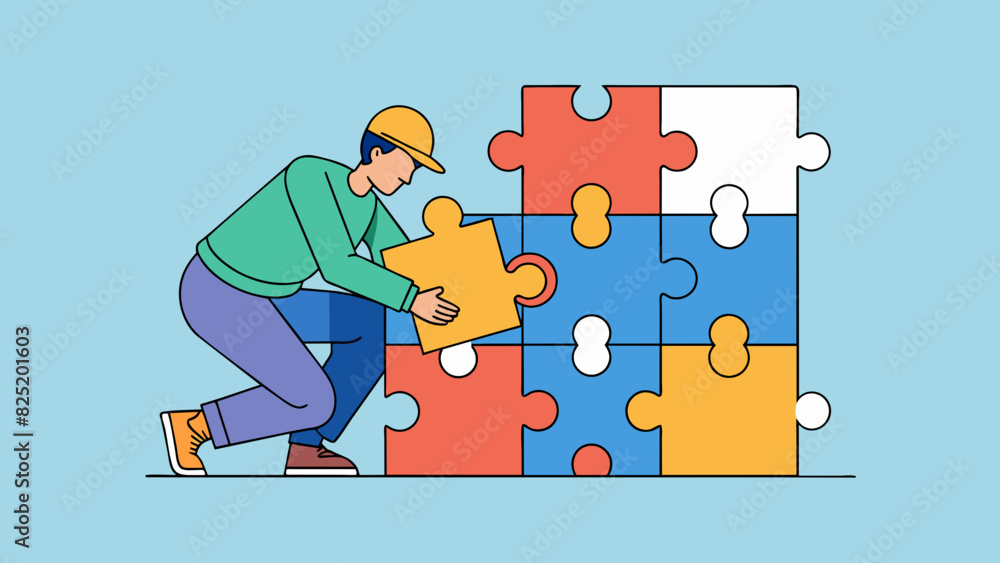 Poster a person is seen crouched over a large puzzle carefully fitting each piece together. they focus inte