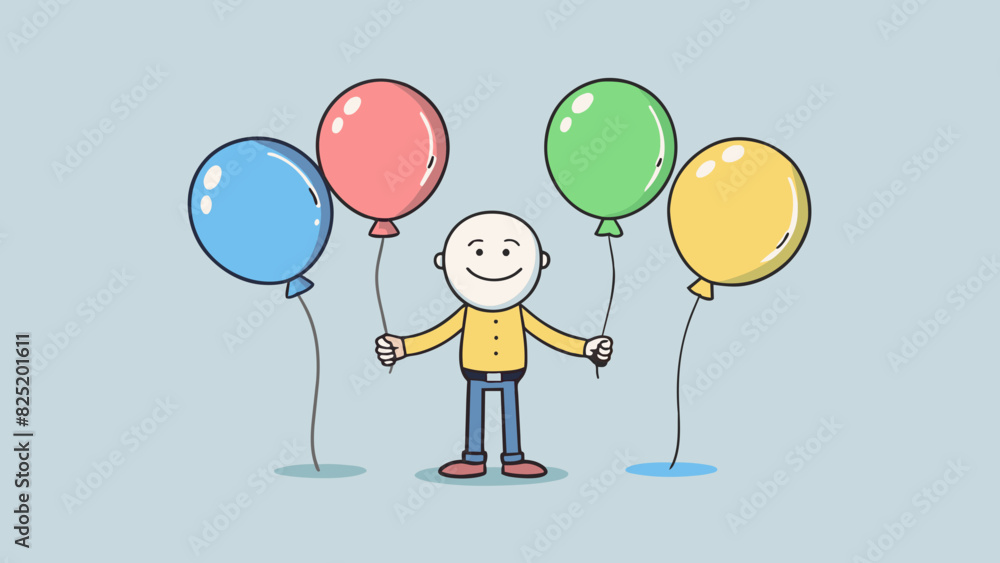 Poster A person has three balloons in their hand all of different colors. They grab two more balloons of the same size and inflate them adding them to the. Cartoon Vector.