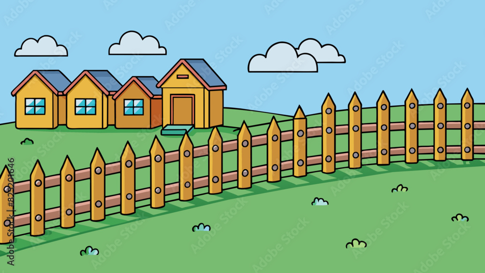 Poster A perfectly straight line with equal spacing in between resembling a wire fence and representing the boundaries and divisions between properties.. Cartoon Vector.