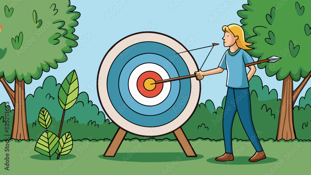 Poster A person steps up to a wooden target aiming their bow and arrow towards the bullseye. They focus intensely pulling back the string and releasing it to. Cartoon Vector.