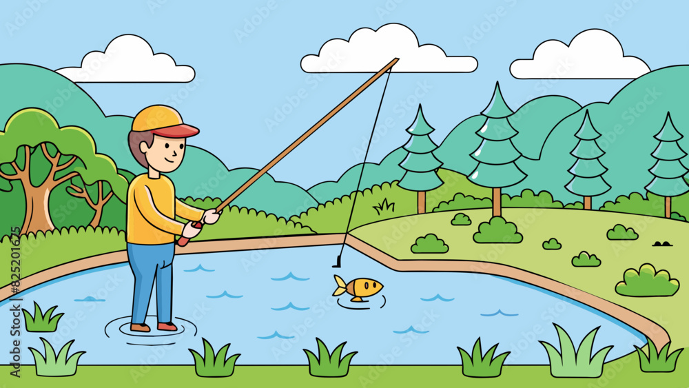 Aufkleber A person stands at the edge of a lake holding a long pole with a string attached to it. They cast the line into the water and wait patiently for a. Cartoon Vector.