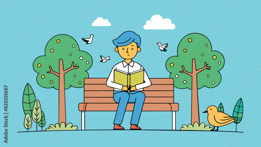 Poster A person sitting on a park bench with a notebook in hand. Surrounding them are trees and the sounds of birds chirping. They are intently writing and. Cartoon Vector.