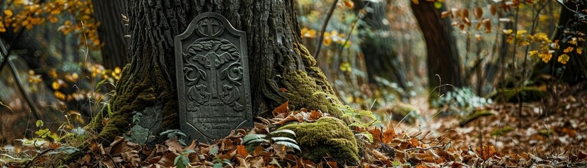 Obraz premium Abandoned grave marker leaning against an old oak tree, buried under layers of moss and fallen leaves