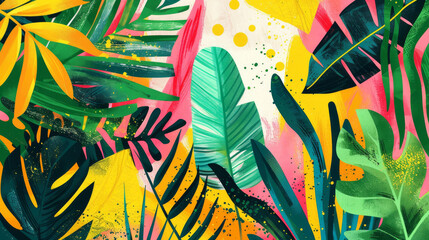 A lively abstract design featuring bold, leafy patterns and bright colors like green, yellow, and pink, inspired by tropical foliage.