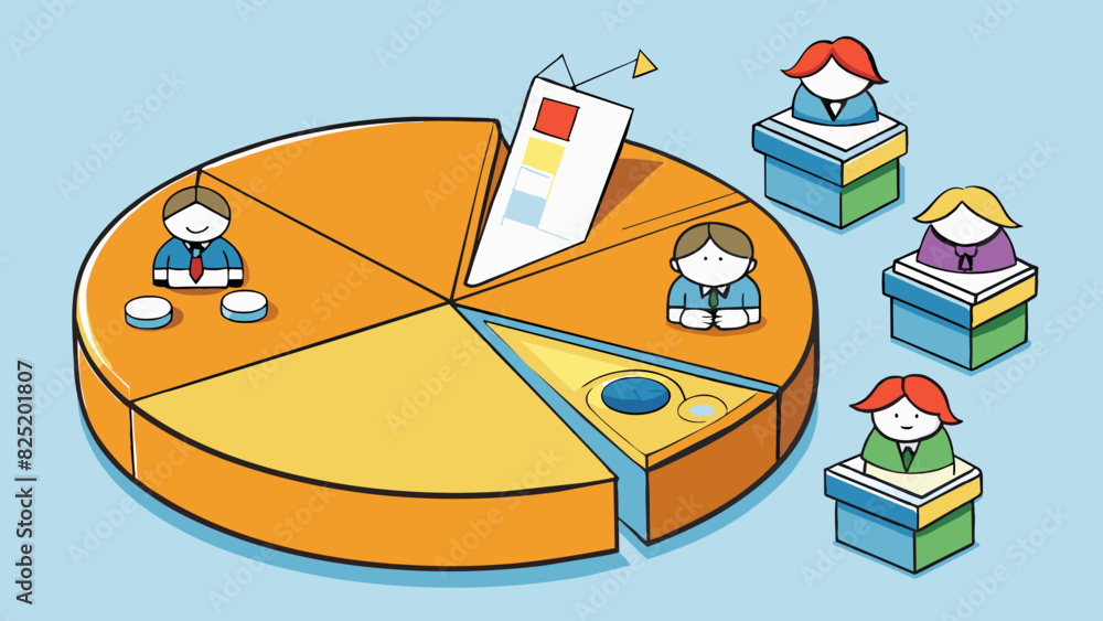 Aufkleber A pie chart visualizing the breakdown of votes for a student council election. Each slice of the pie represents a candidate and the size of the slice. Cartoon Vector.