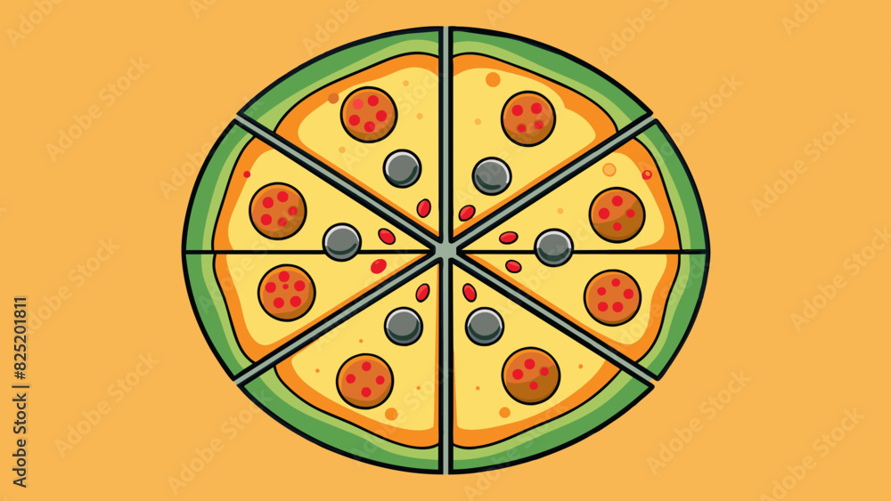 Aufkleber A pizza sliced into six equal pieces each slice has a different set of toppings but all are the same shape and size.. Cartoon Vector.