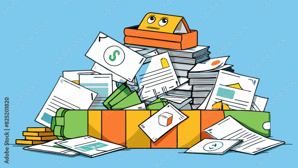Poster A pile of overdue bills and collections notices signifying poor financial health and potential debt problems.. Cartoon Vector.
