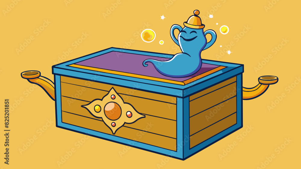 Poster A plain wooden box with intricate carvings said to contain a genie who can grant three wishes to whoever opens it.. Cartoon Vector.
