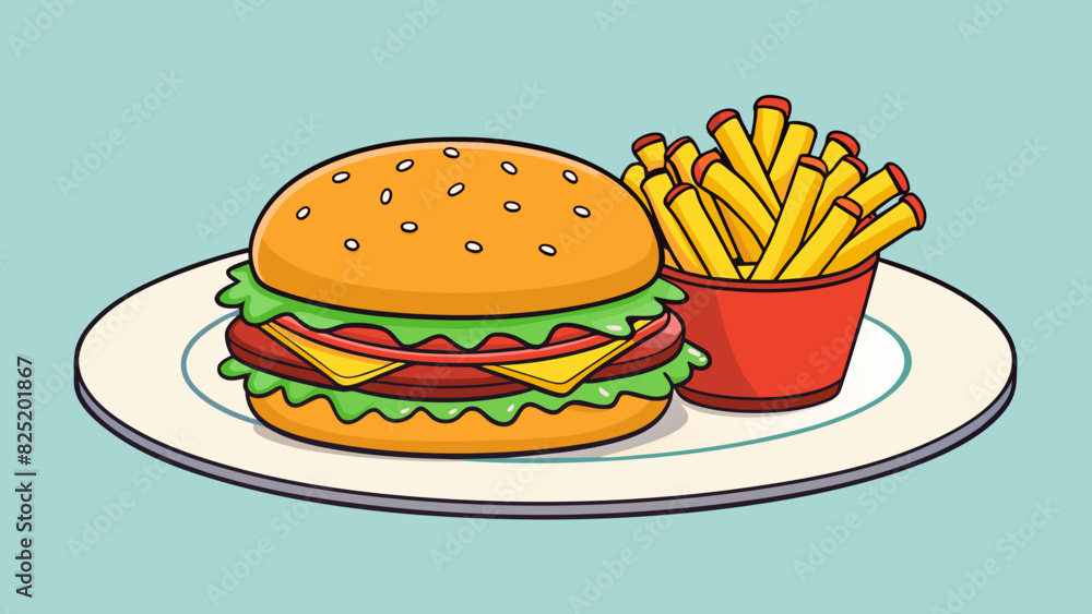 Poster a plate of burger and fries a popular american meal known for its indulgence and convenience.. carto