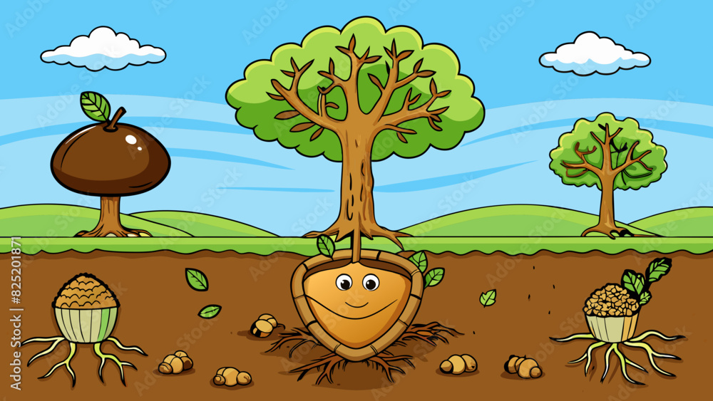 Poster a plain brown acorn nestled in the soil slowly transforming into a young oak tree over the years. it