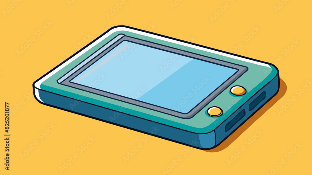 Aufkleber A player is a flat rectangular piece of technology with a touchsensitive screen. It can be held in one hand and has a thin lightweight body.. Cartoon Vector.