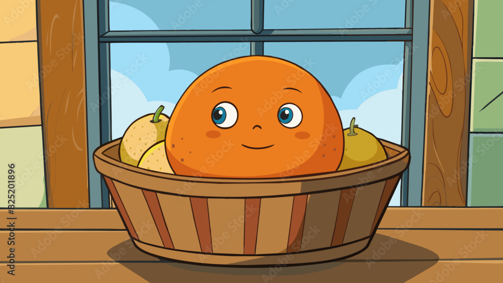 Poster a plump round orange sitting in a fruit basket its dimpled skin reflecting the soft light from the w