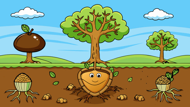 A plain brown acorn nestled in the soil slowly transforming into a young oak tree over the years. Its roots digging deep into the earth and its. Cartoon Vector.