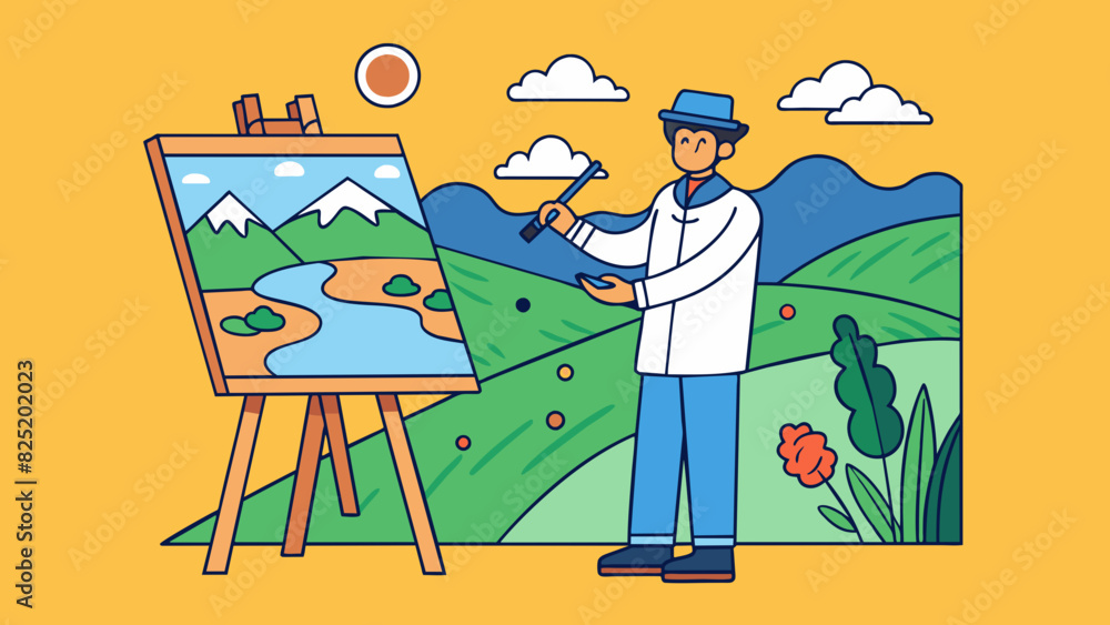 Poster a professional artist with a large canvas propped up on an easel painting a landscape scene. the bru