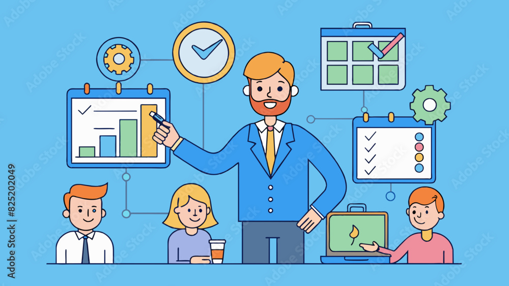 Poster A project manager coordinates a teams efforts to complete a project on time and within budget delegating tasks monitoring progress and keeping. Cartoon Vector.