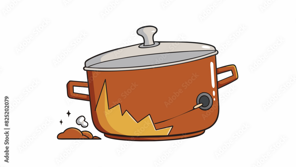 Poster a pot that has a large crack on the side rendering it unusable for cooking.. cartoon vector.