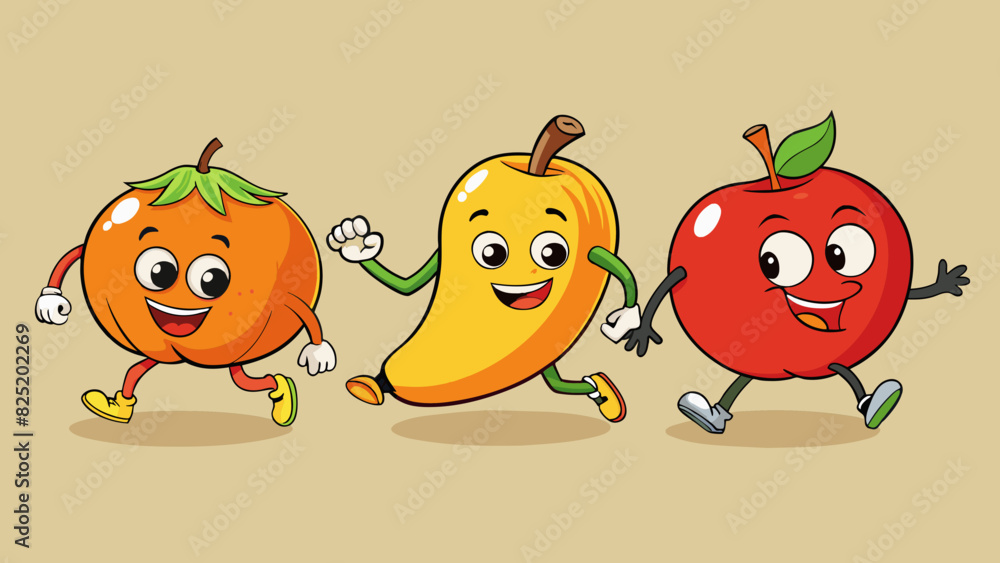 Poster a race between different types of fruits like an apple banana and orange. the apple is firm and crun