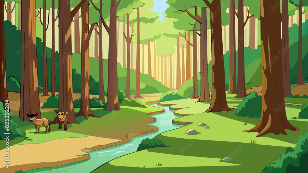 Poster a quiet wooded forest rich with the scents of pine and earth. sunlight filters through the dense can