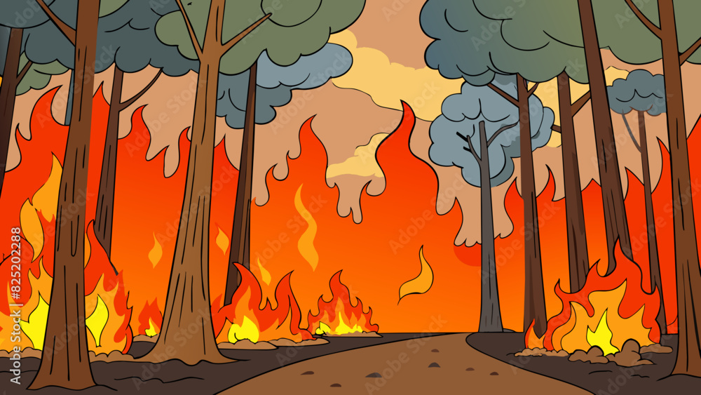 Poster a raging fire roared through the forest charred trees standing tall in its wake. the flames licked a