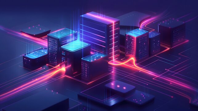 A digital illustration of a leased line internet connection between two modern buildings.