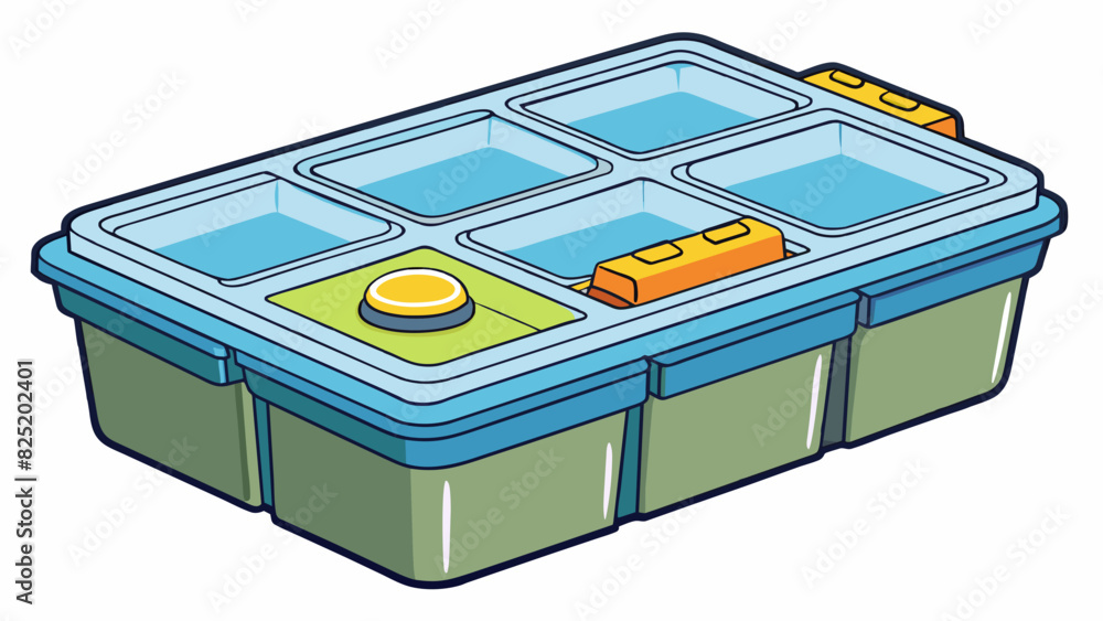 Poster A rectangular plastic container with a lid that has several compartments inside. Each compartment has a different shape and size and they can be. Cartoon Vector.