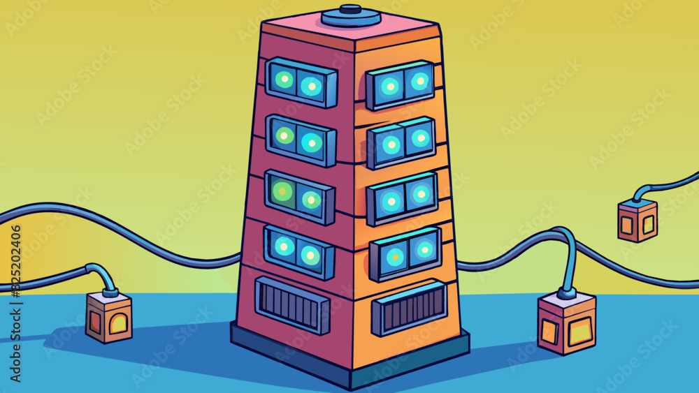 Poster A rectangular tower with glowing lights and a series of ports on the front. On the back there are multiple cords connecting the tower to other. Cartoon Vector.