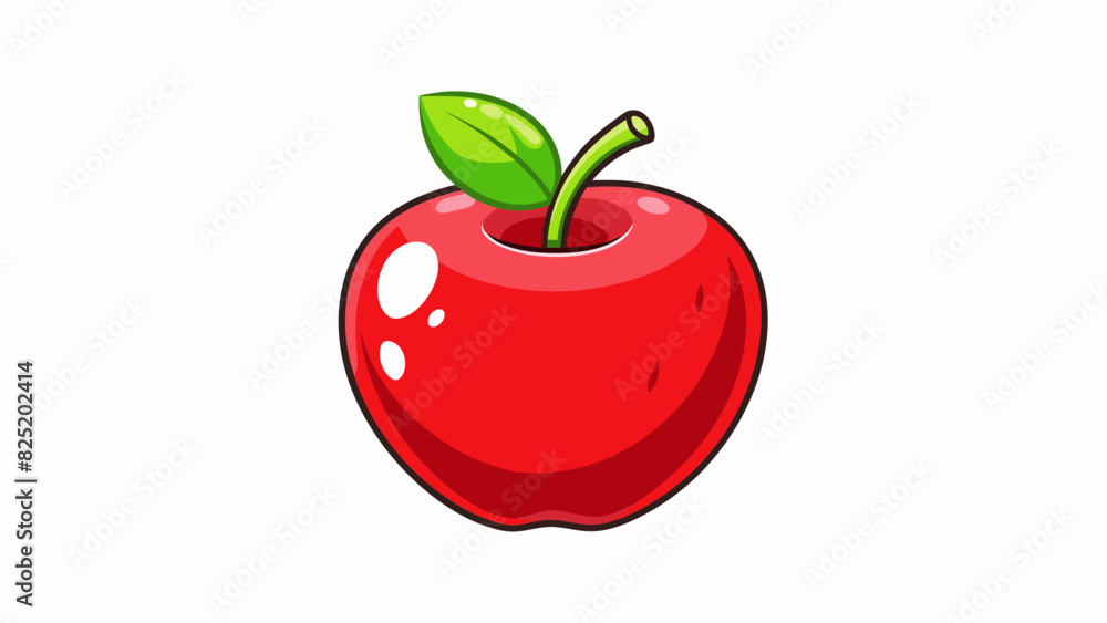 Poster A red apple This fruit is round and smooth with a shiny red skin. It has a stem and small green leaves at the top with a crisp and crunchy texture. Cartoon Vector.