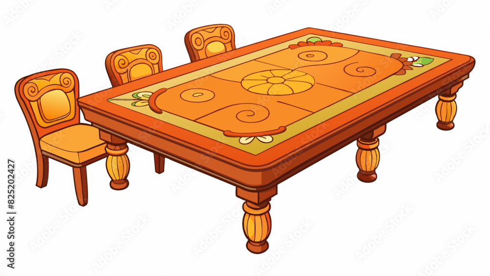 Poster a rectangular wooden table with four legs and a smooth glossy surface. it has intricate carvings on 