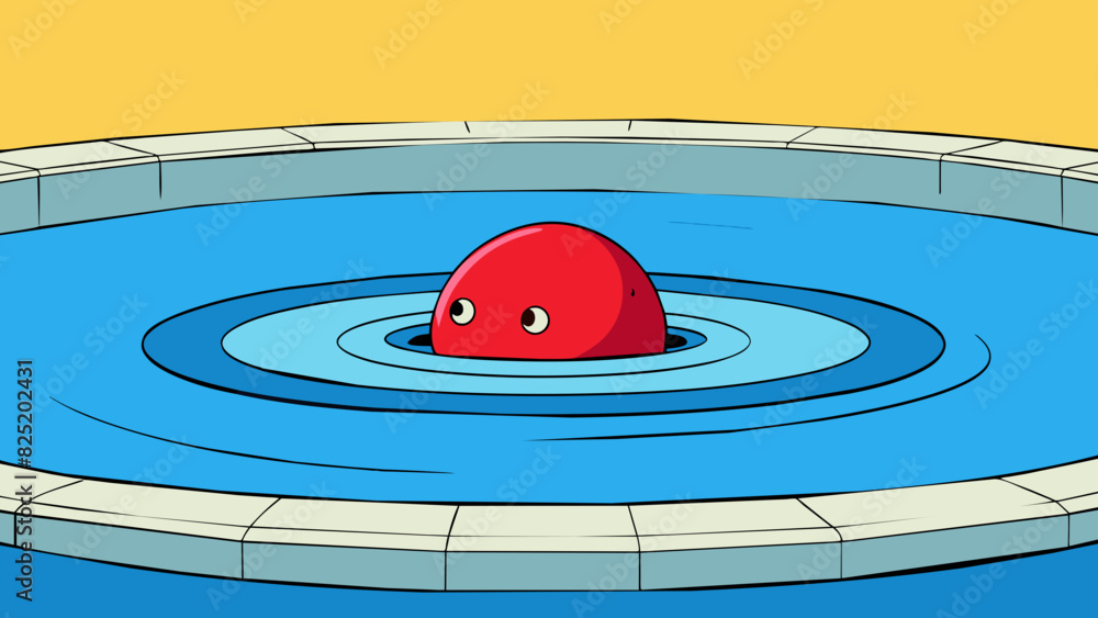 Poster A red ball is resting on the edge of a circular pool half submerged in the water.. Cartoon Vector.