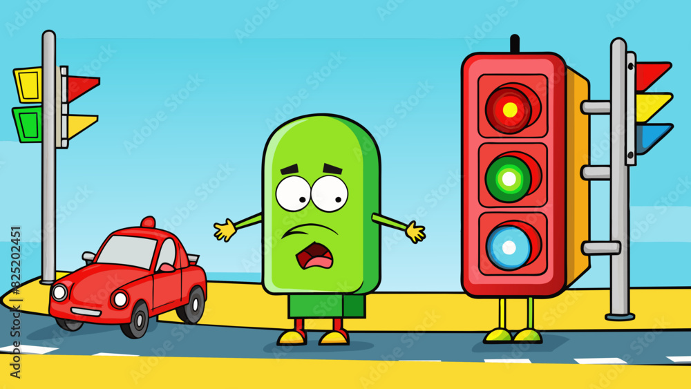 Poster A red traffic light and a green traffic light facing each other causing drivers to stop and go.. Cartoon Vector.