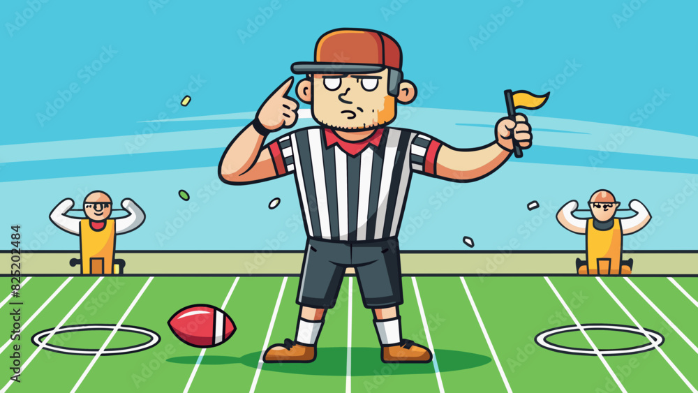 Poster a referee on a football field blowing a whistle and signaling penalties to the players. the referees