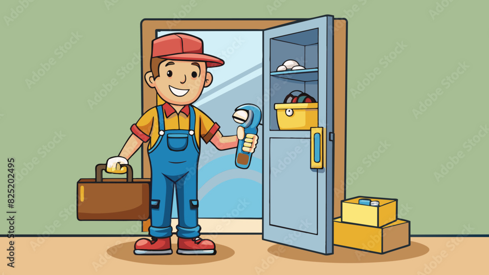 Poster A repairman arrives at your doorstep with a toolkit in hand ready to fix your broken appliance. He works quickly and efficiently explaining the. Cartoon Vector.