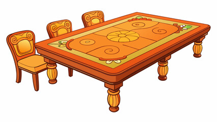 A rectangular wooden table with four legs and a smooth glossy surface. It has intricate carvings on the sides and can comfortably seat six people.. Cartoon Vector.