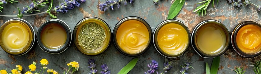 Herbal salves and ointments in small containers, with labels indicating the specific herbs used