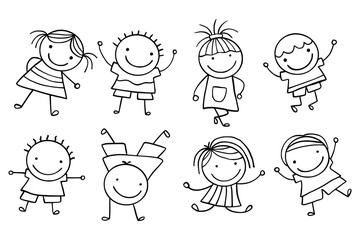 Hand-Drawn Line Art Cartoon of Happy Kids. Children Illustration. Children Doodle Illustrations