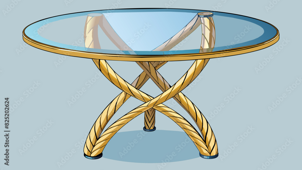 Poster a round glass table with a metallic frame and three twisted legs resembling a modern sculpture. the 
