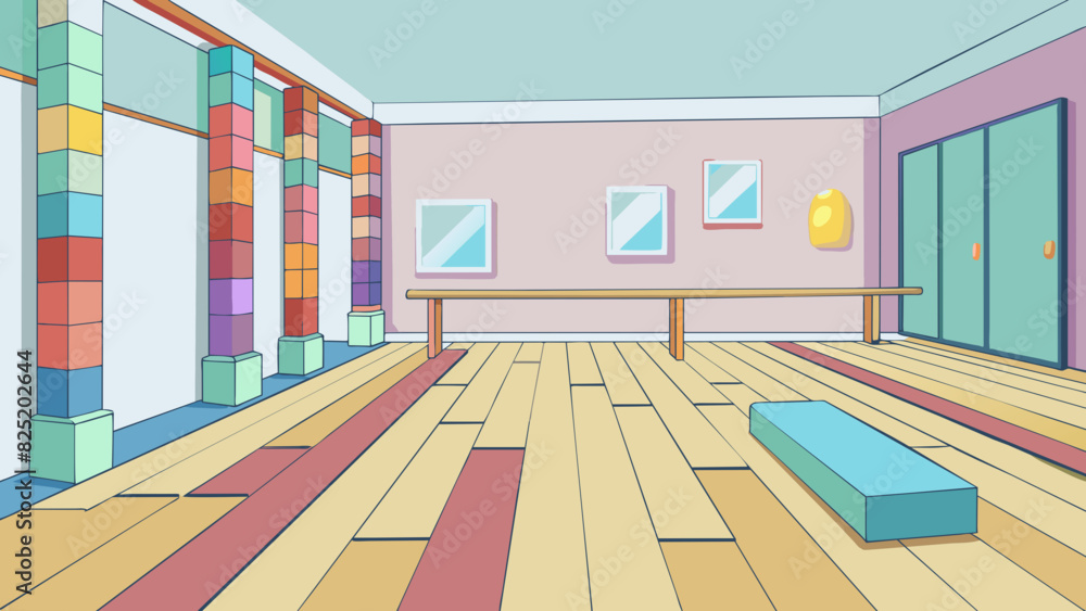 Poster a room lined with floortoceiling mirrors and ballet barres. the floors are made of smooth glossy woo
