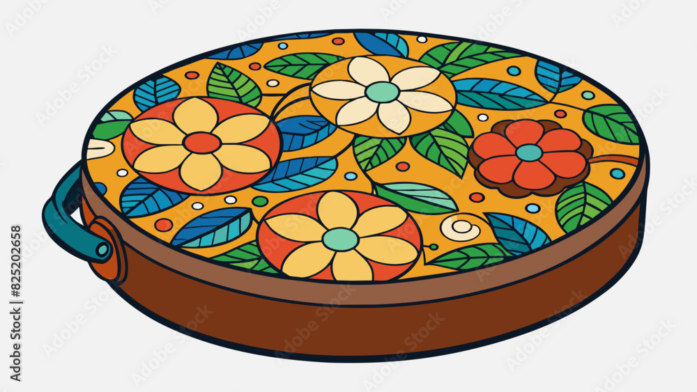 Poster a round leather case with a colorful floral pattern perfect for holding standard sized sunglasses or