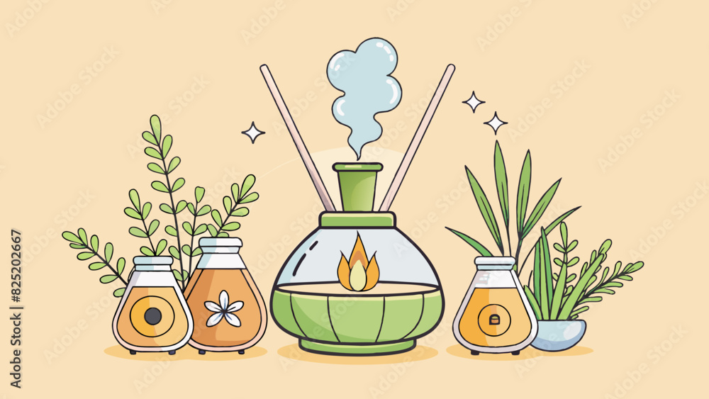 Poster Aromatherapy Essential oils are used in a diffuser to create a calming scent and promote relaxation. The oils are derived from plants and have been. Cartoon Vector.