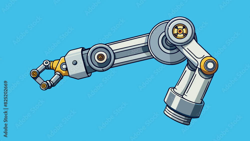 Poster A robotic arm with a sleek metallic design is showcased in the fourth illustration. The arm has an intricate system of wires and gears running from. Cartoon Vector.