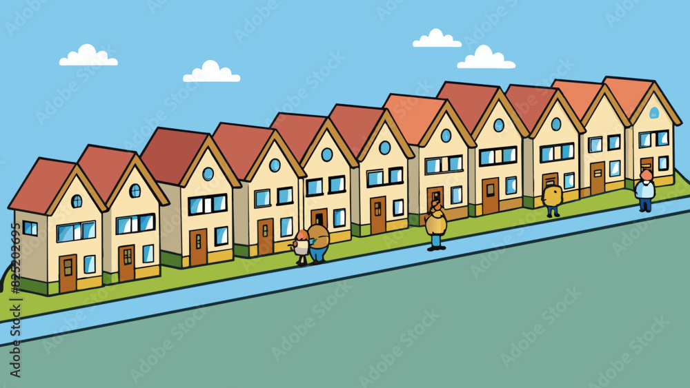 Poster A row of identical houses in a planned community each with the same layout and design. The objects characteristic is that each house is a. Cartoon Vector.